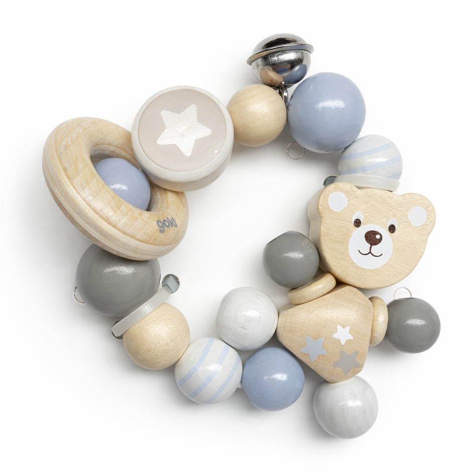 Goki Wooden Rattles - Touch Ring Elastic Bear (Grey)