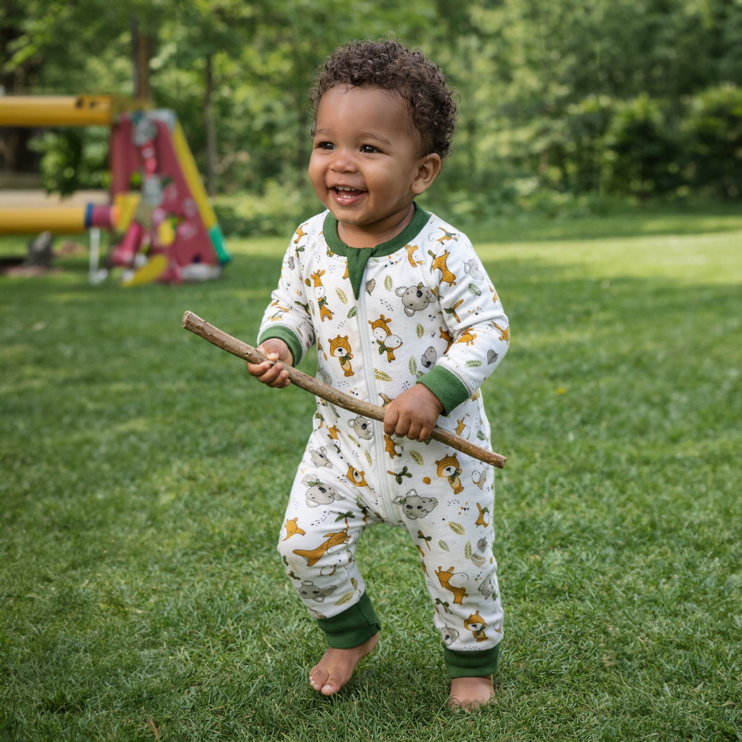 Endanzoo Organic Long Sleeve Double Zippered Romper - Jungle Cuties