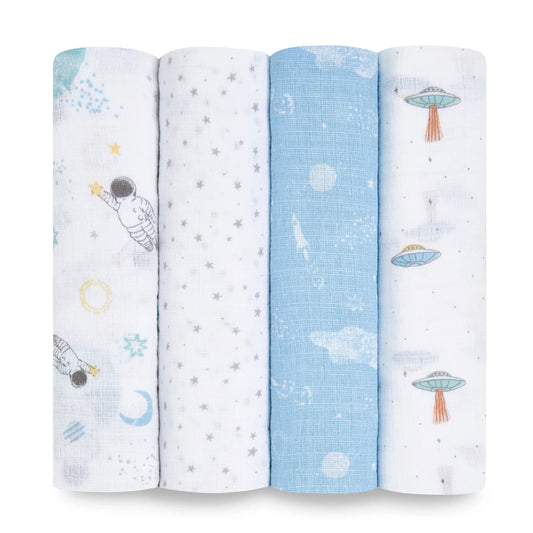 Aden Anais Essential Cotton Muslin Swaddle Blankets - Space Explorers (4-Pack)