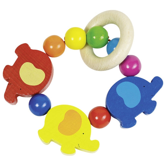 Heimess Wooden Rattles - Touch Ring Elastic Multi-Coloured Elephants