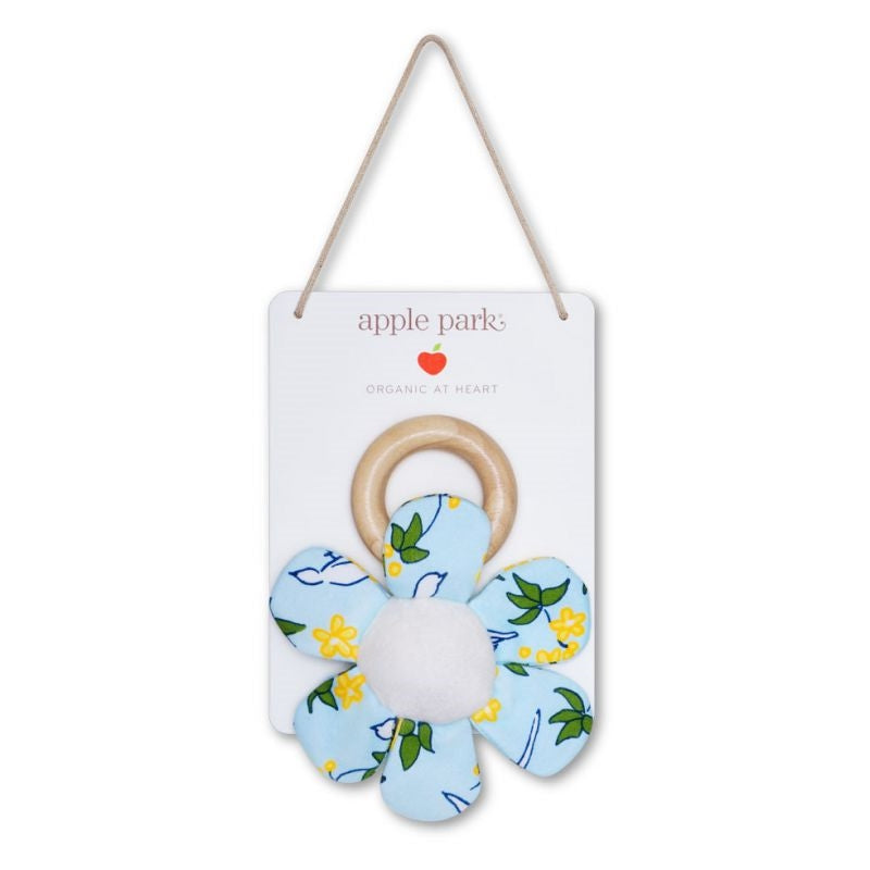 Apple Park Organic Cotton Teething Ring Rattle - Enchanted Blue Leaves