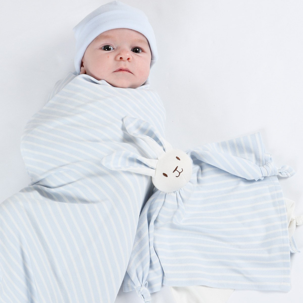 Under The Nile Organic Lovey Blanket Friend - Blue Stripe Bunny (10")