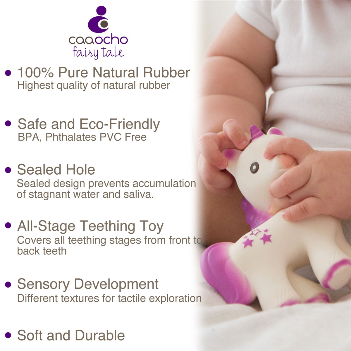 CaaOcho Baby Natural Rubber Teether Hermetic Sealed - Mira the Unicorn / Lavender