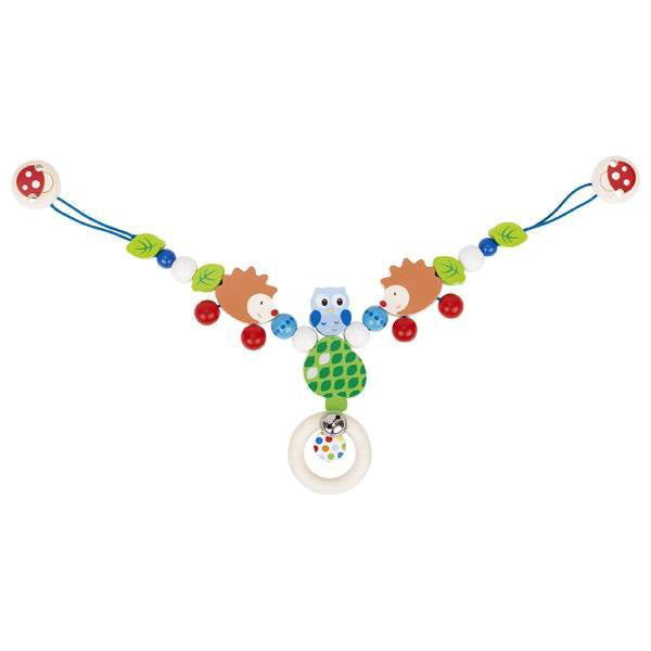 Goki Wooden Pram Stroller Chain Toy - Hedgehog and Owl with Clips