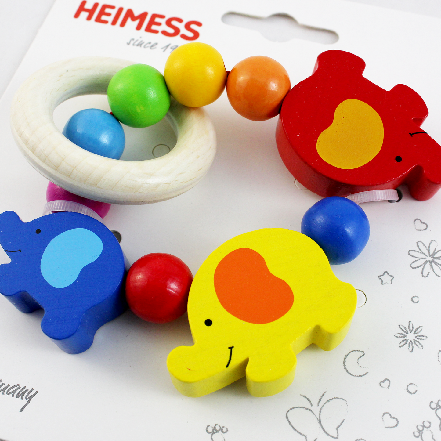 Heimess Wooden Rattles - Touch Ring Elastic Multi-Coloured Elephants