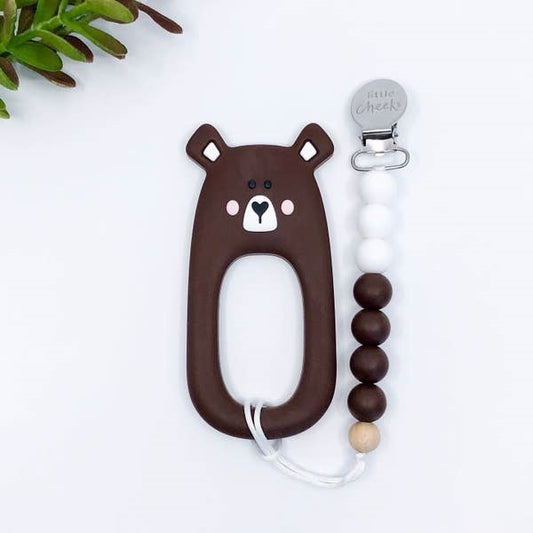 Little Cheeks Silicone Teether with Clips - Brown Bear