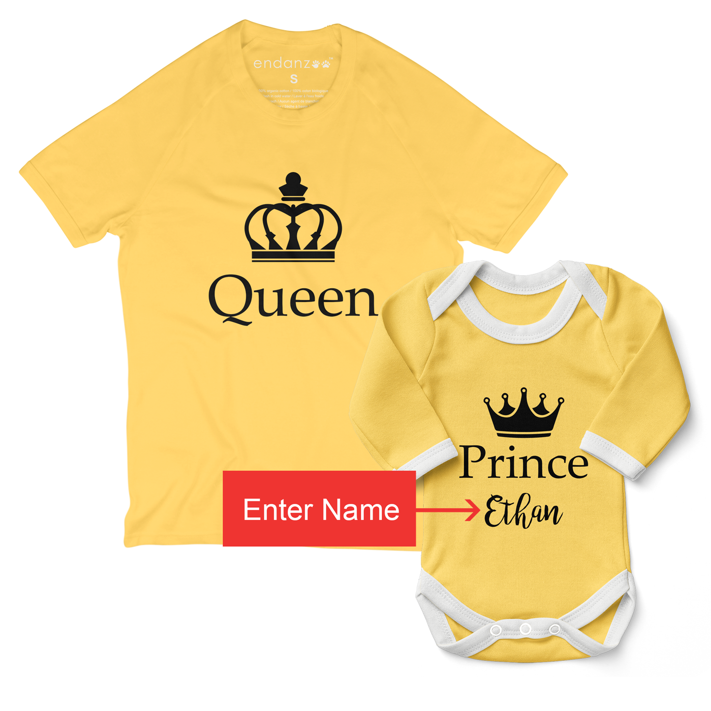 Personalized Matching Mom & Baby Organic Outfits - Queen & Prince (Yellow)