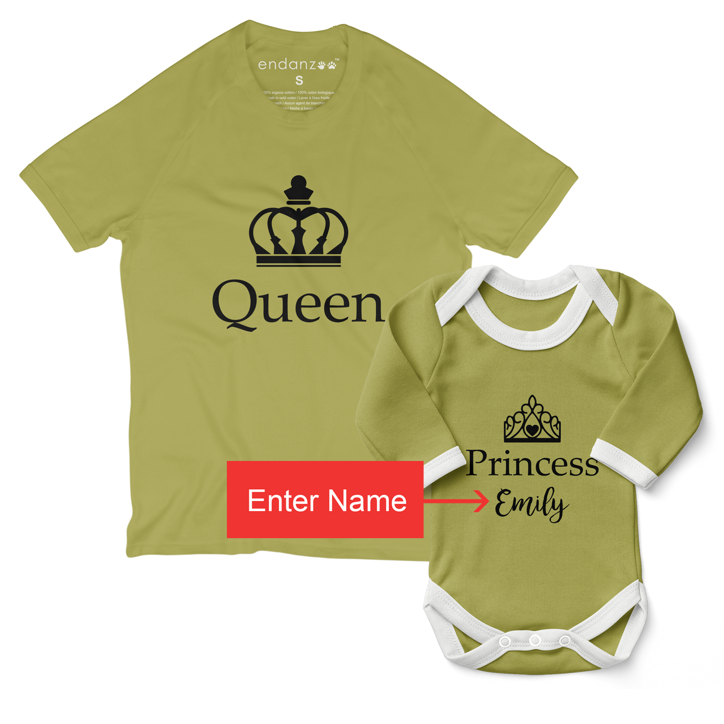 Personalized Matching Mom & Baby Organic Outfits - Queen & Princess (Green)
