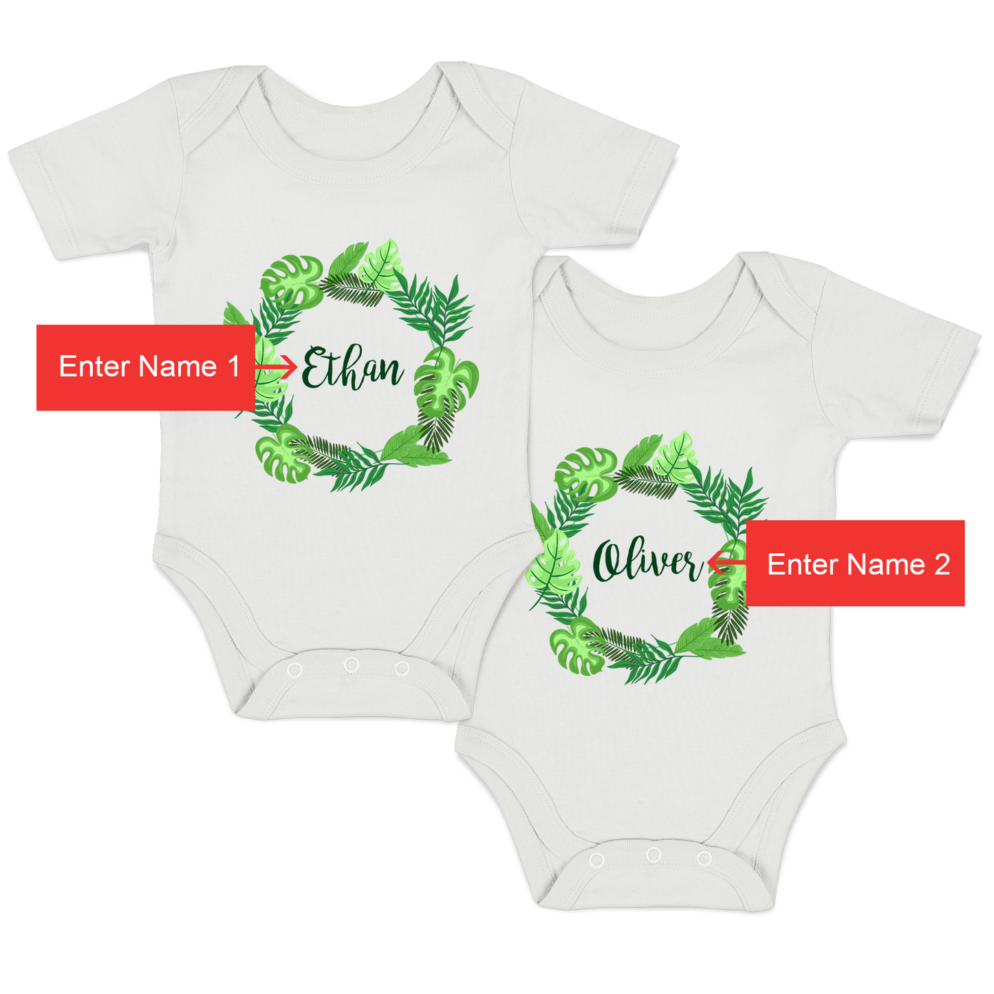 Personalized Organic Baby Bodysuit Set - TWIN Tropical Leaves (White & White)