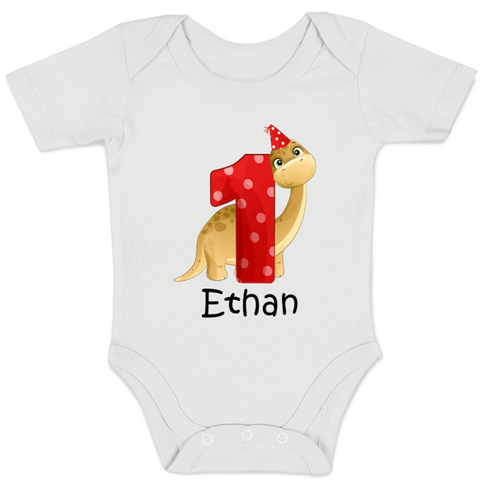 [Personalized] Endanzoo Organic Short Sleeves Baby Bodysuit - First Birthday Dinosaurs