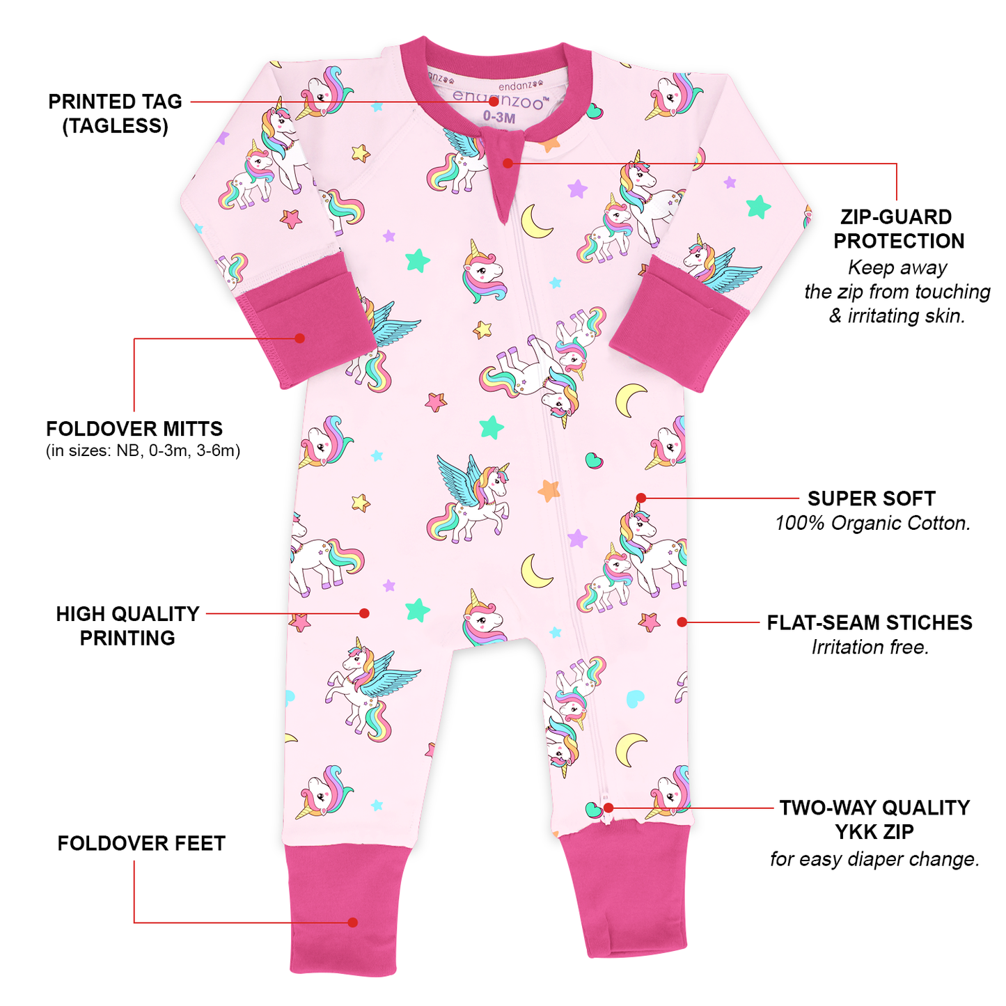 Endanzoo Organic Long Sleeve Double Zippered Romper - Rainbow Unicorns