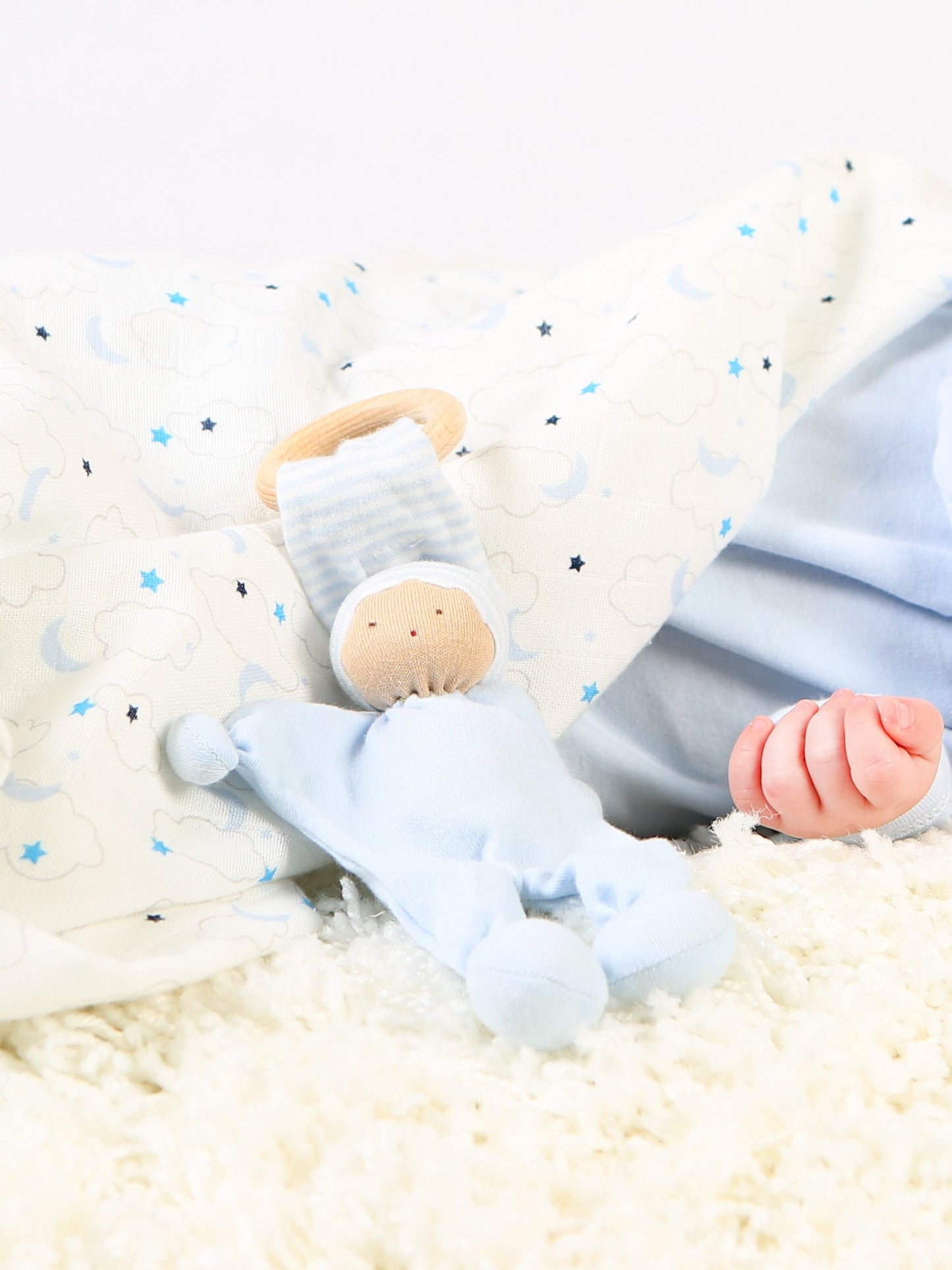 Under The Nile Organic Cotton Teether Toy with Wooden Ring - Blue (Twin Pack)