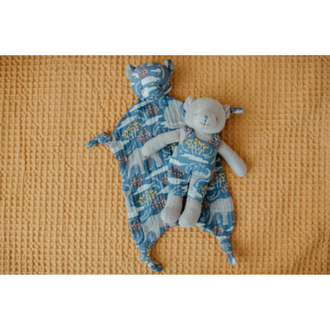 Apple Park Organic Cotton Plush Toy - Little Grey Bear with Safari Party Outfit