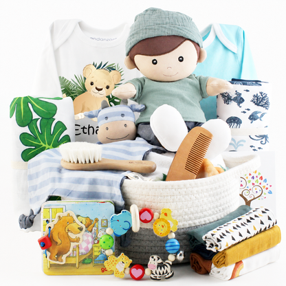 Zeronto Luxury Mom & Baby Boy Gift Basket 2-Tier (Little Explorer in the Jungle & the Sea)