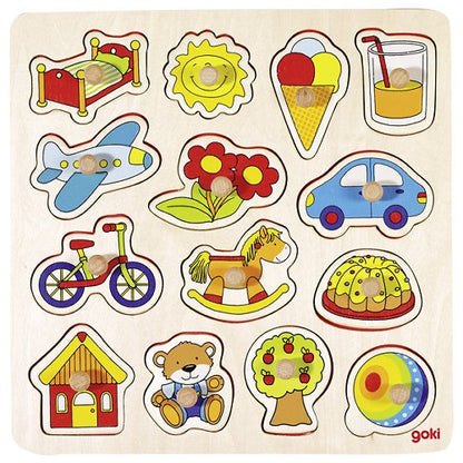 Goki My First Wooden Lift Out Puzzle - Rocking horse, Ball, Plane, Car & More