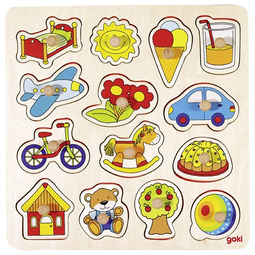 Goki My First Wooden Lift Out Puzzle - Rocking horse, Ball, Plane, Car & More