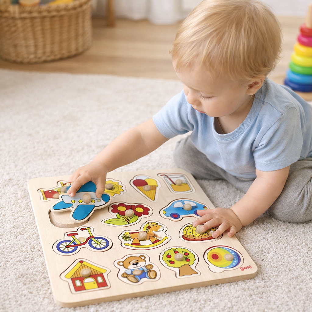 Goki My First Wooden Lift Out Puzzle - Rocking horse, Ball, Plane, Car & More