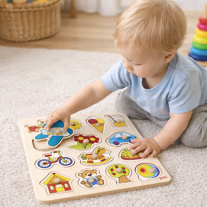 Goki My First Wooden Lift Out Puzzle - Rocking horse, Ball, Plane, Car & More