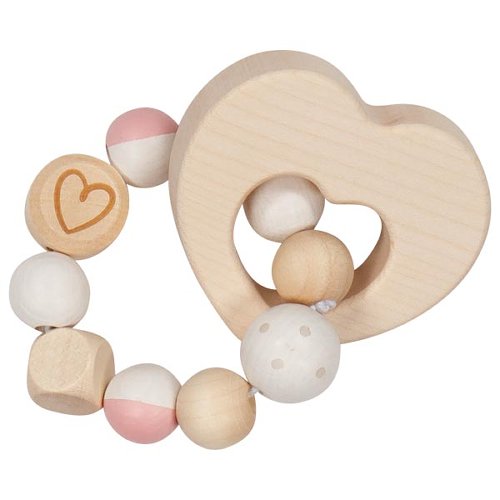 Goki Wooden Rattles - Touch Ring Elastic Heart Pink