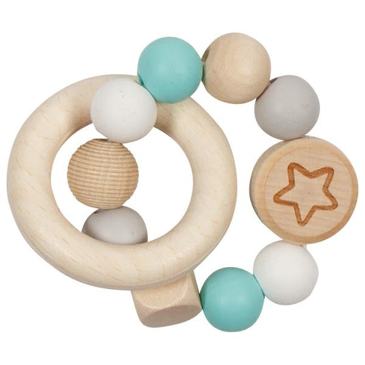 Goki Wooden Rattles - Touch Ring Elastic Aqua, White, & Star