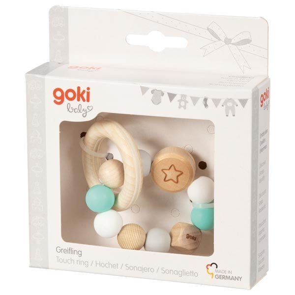 Goki Wooden Rattles - Touch Ring Elastic Aqua, White, & Star