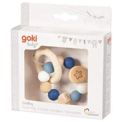 Goki Wooden Rattles - Touch Ring Elastic Navy Blue, White, & Star