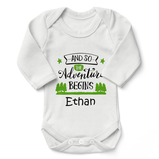 Personalized Organic Baby Bodysuit - Adventure Begins (White / Long Sleeve)