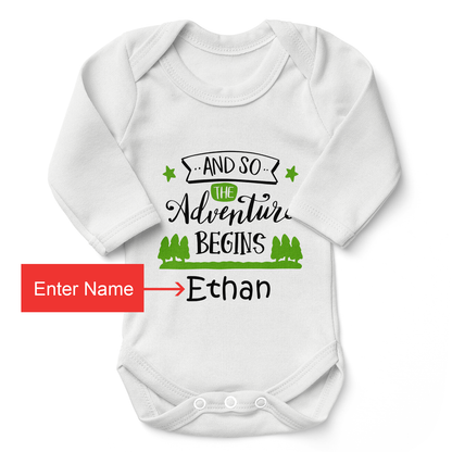 Personalized Organic Baby Bodysuit - Adventure Begins (White / Long Sleeve)