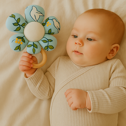 Apple Park Organic Cotton Teething Ring Rattle - Enchanted Blue Leaves