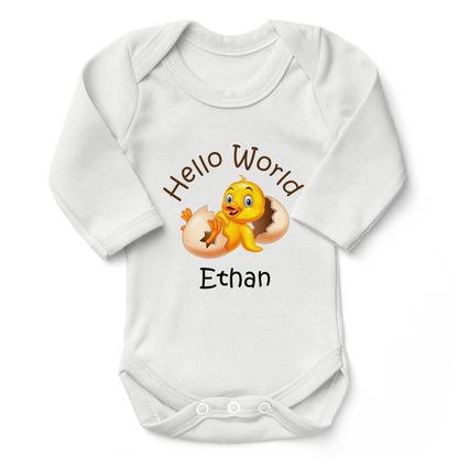 Personalized Organic Baby Bodysuit - Little Yellow Duck (White / Long Sleeve)