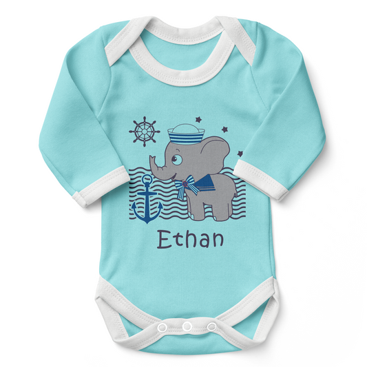 Personalized Organic Baby Bodysuit - Nautical Elephant (Aqua)