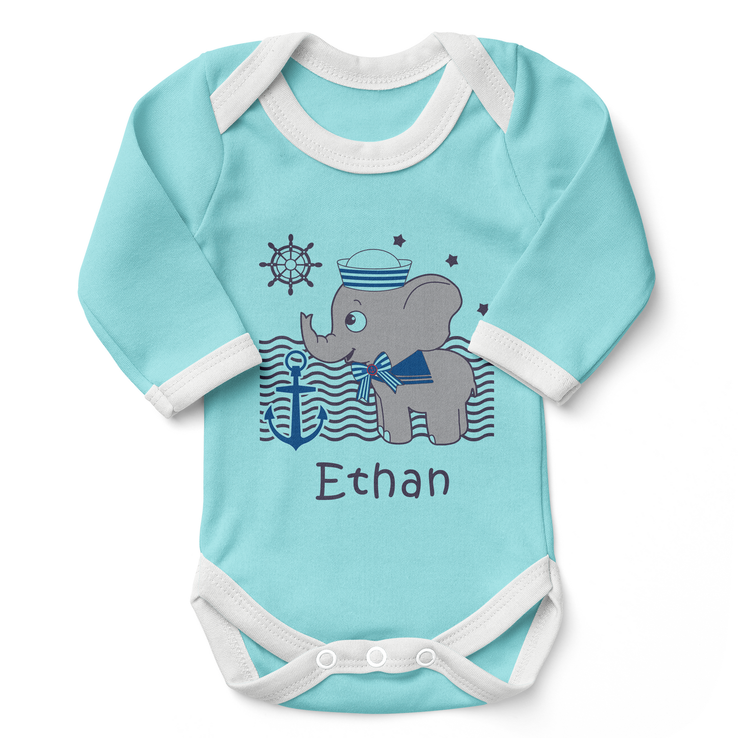 Personalized Organic Baby Bodysuit - Nautical Elephant (Aqua / Long Sleeve)