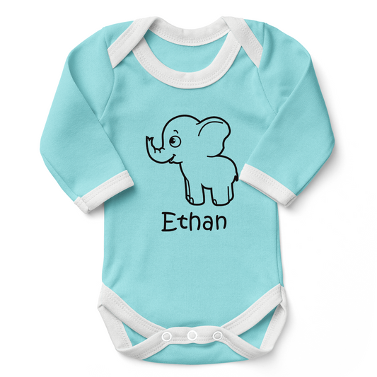 Personalized Organic Baby Bodysuit - Little Elephant (Aqua / Long Sleeve)