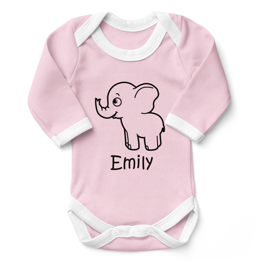 Personalized Organic Baby Bodysuit - Little Elephant (Pink / Long Sleeve)