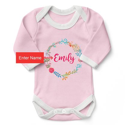 Personalized Organic Baby Bodysuit - Floral Round (Pink / Long Sleeve)