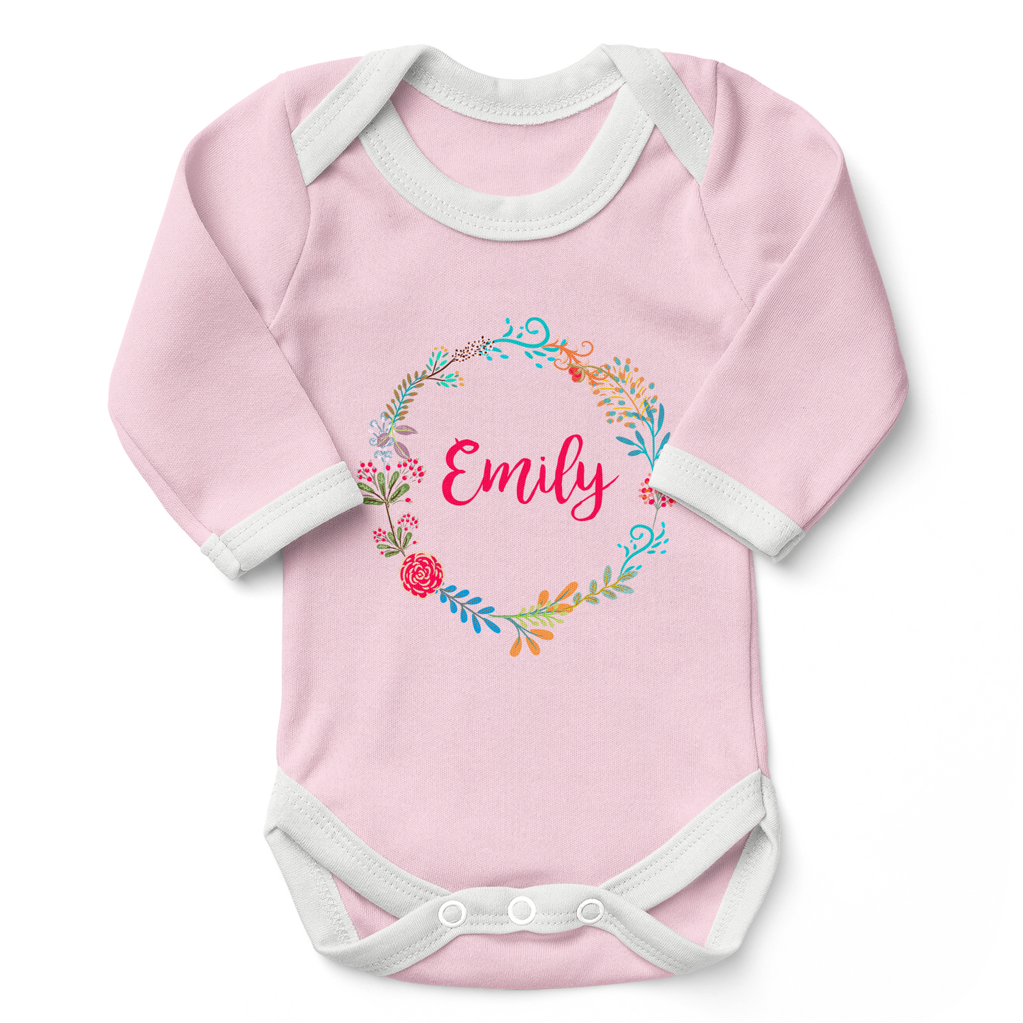 Personalized Organic Baby Bodysuit - Floral Round (Pink / Long Sleeve)