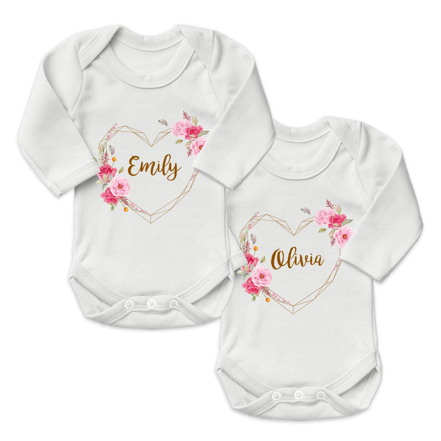 Personalized Organic Baby Bodysuit Set - TWIN Flower Love (White & White)