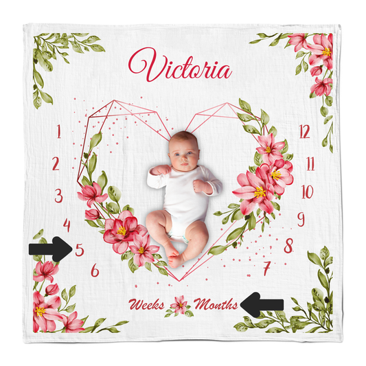 Personalized Endanzoo Baby Monthly Milestone Muslin Swaddle Blanket - Pink Floral