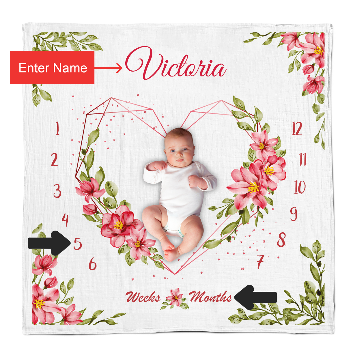 Personalized Endanzoo Baby Monthly Milestone Muslin Swaddle Blanket - Pink Floral