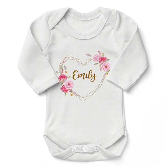 Personalized Organic Baby Bodysuit - Floral Love  (White / Long Sleeve)