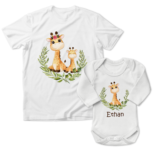 Personalized Matching Mom & Baby Organic Outfits - Giraffe Family (Boy)