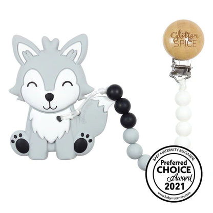 Glitter & Spice Wolf Pup Silicone Teether With Clip