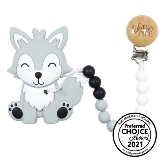 Glitter & Spice Wolf Pup Silicone Teether With Clip
