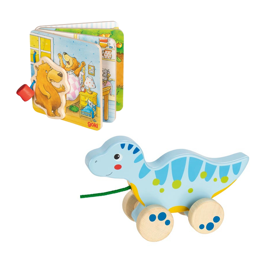 Goki Pull-Along Animal (Blue Dinosaur) + Wooden Picture Book (Little Bear)