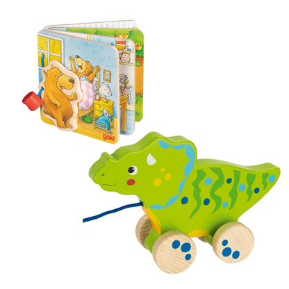 Goki Pull-Along Animal (Green Dinosaur) + Wooden Picture Book (Little Bear)