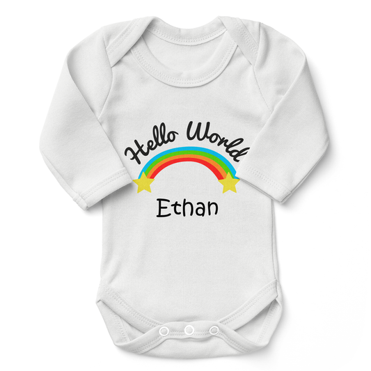 Personalized Organic Baby Bodysuit - Hello World (White)