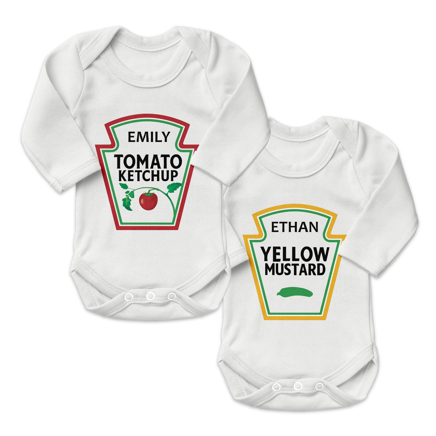 Personalized Organic Baby Bodysuit Set - TWIN Ketchup (White & White)