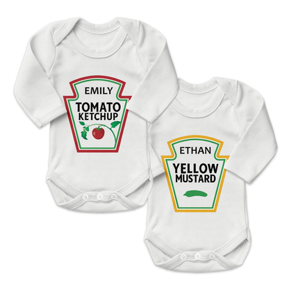 Personalized Organic Baby Bodysuit Set - TWIN Ketchup (White & White)