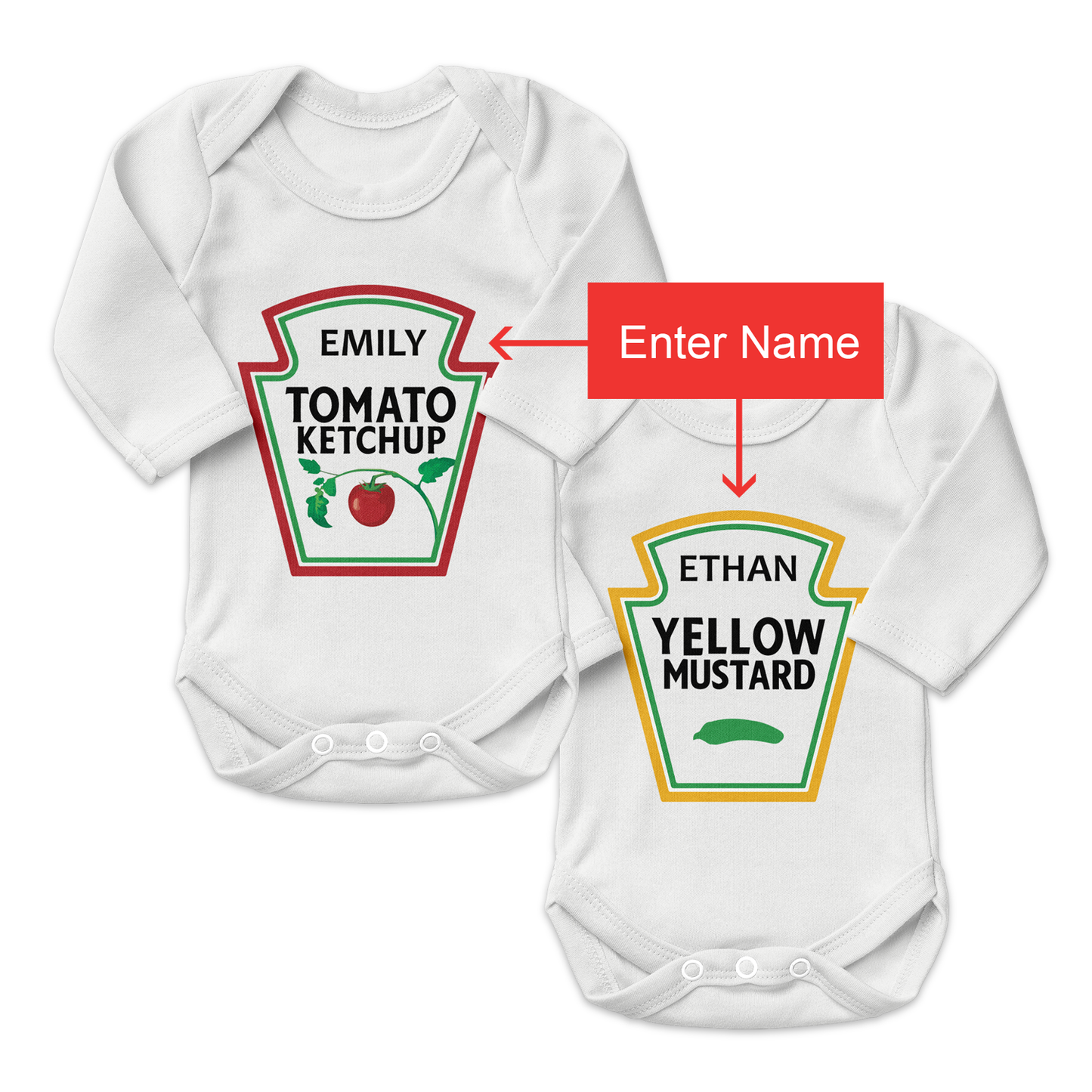 Personalized Organic Baby Bodysuit Set - TWIN Ketchup (White & White)