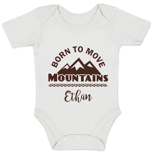 Personalized Organic Baby Bodysuit - Born To Move Mountains  (White / Short Sleeve)